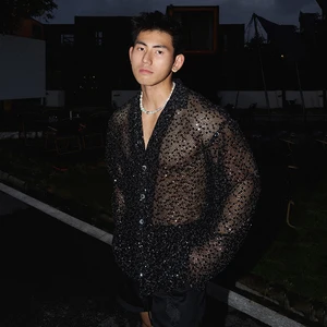 Langarmed Monochrom Fewsq-Pammy mit hellem Silberpailletten, American Nischen Design, Hollow Out Men's Tops, 24E1715, Fashion, 2024 8 Hauptverkäufe Silber Shirt - №5