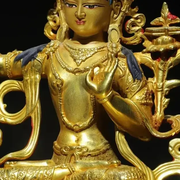 

8-дюймовая народная коллекция Old Xizang, старая бронза, позолоченная окрашенная лицо, Манджусри Бодхисаттва, сидящий Будда, платформа лотоса, зал поклонения