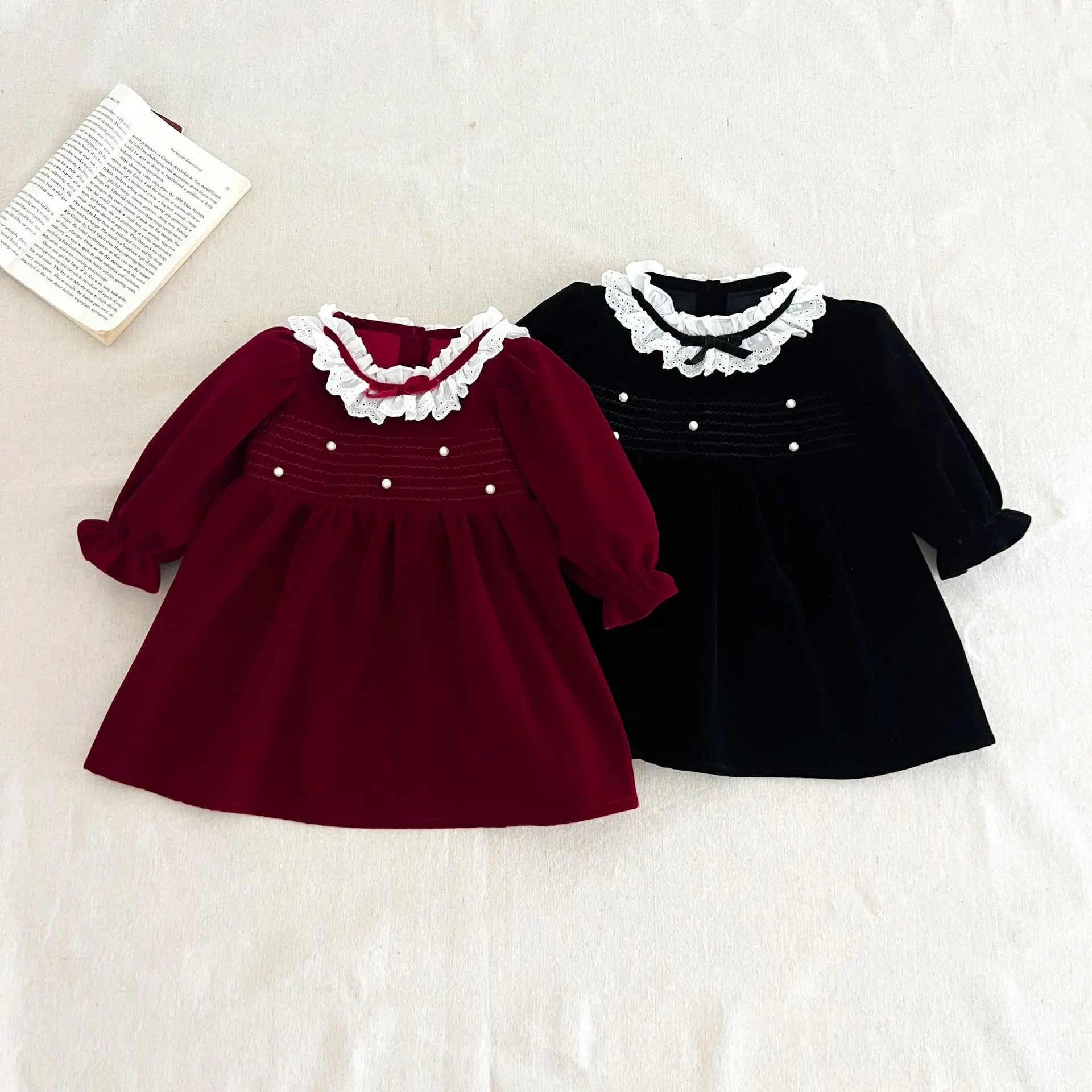 2026 New Fall Winter Girls Velvet Dress | Pearl Lace Trim Princess Gown | Vintage Korean Party Dress