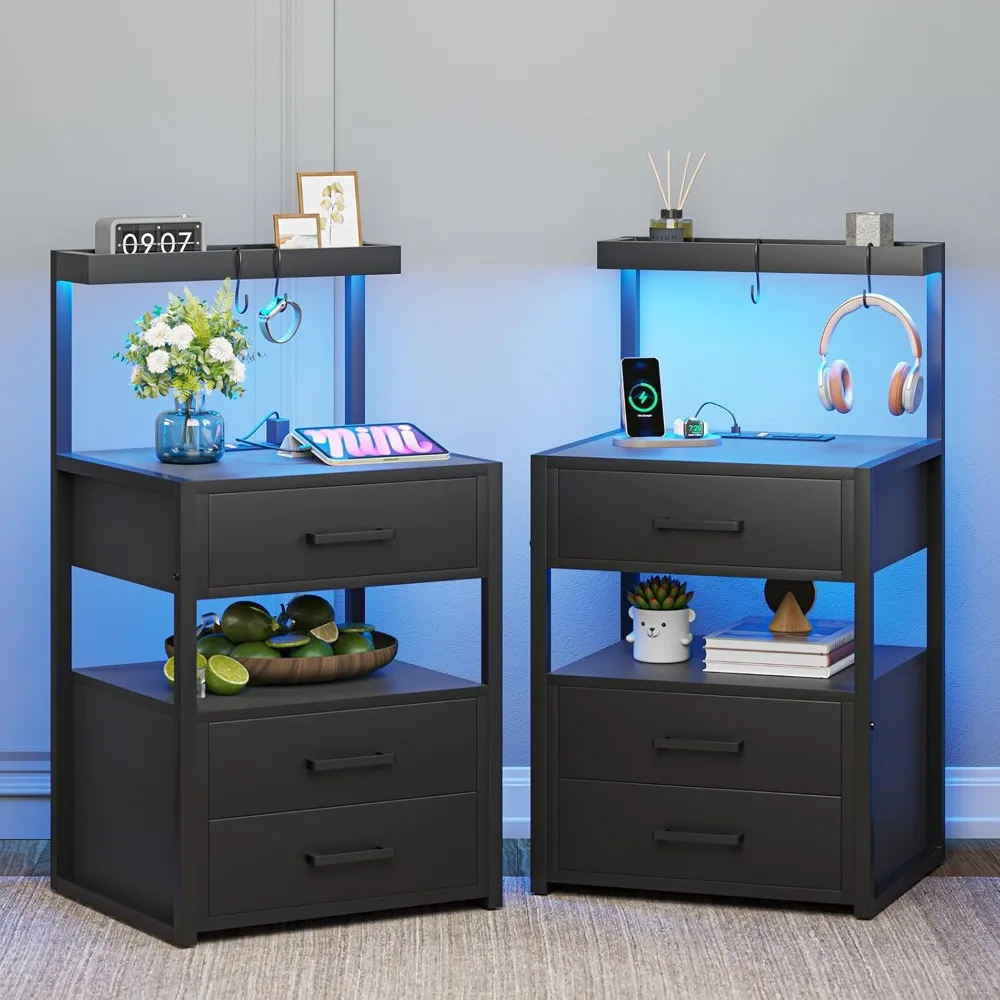 

Nightstand Set of 2 with 3 Drawers & Charging Station Bedside Tables with Storage Shelves for Bedroom LED Nightstand