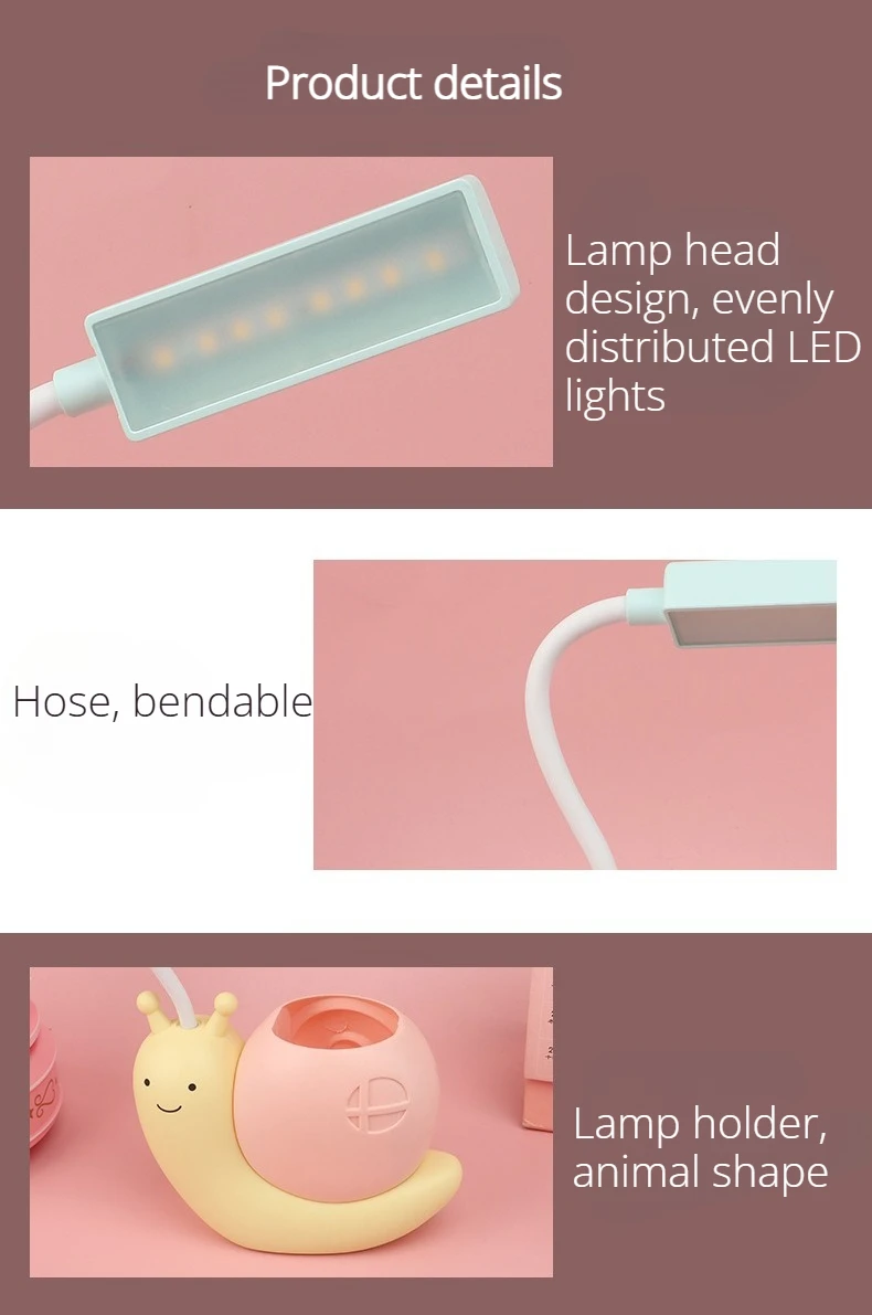 Multi-Functional LED Desk Lamp Student Learning with Pen Holder Night Light Snail Shape USB Rechargeable Bendable Cute Kids Lamp