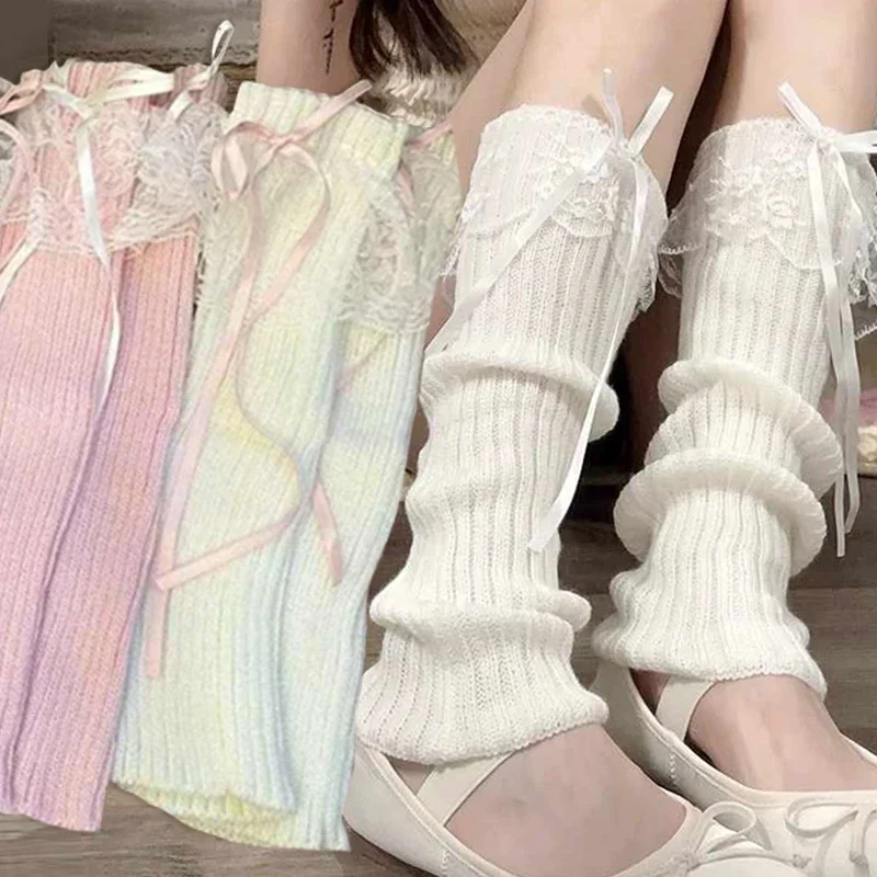 

New Woman Leg Warmers Autumn and Winter Ribbon Lolita Black Knee Warmers Long Socks JK Knitted Girl White Leg Warmers
