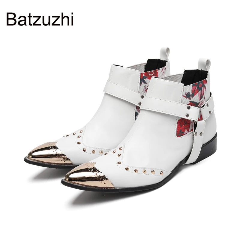 

Batzuzhi Cowboy Men's Boots Pointed Toe White Leather Ankle Boots Man Slip on Low Heels Motorcycle Footwear for Man! Big Sizes