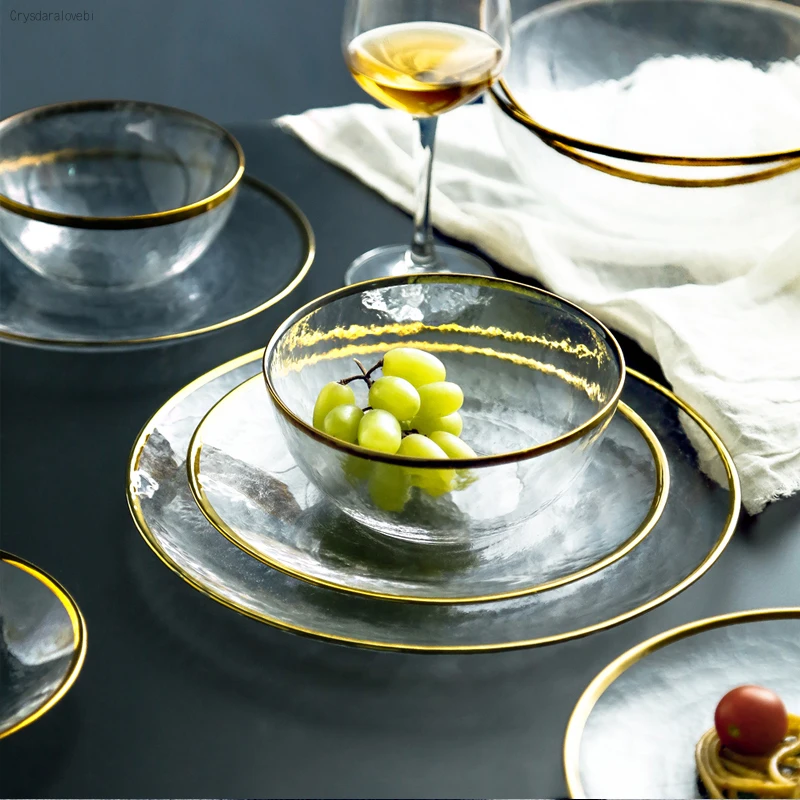 Nordic Style Gold Rim Glass Dinner Plate Transparent Dessert Bowl Western Dish Creative Salad Tray Fruit Plate Dinnerware Sets