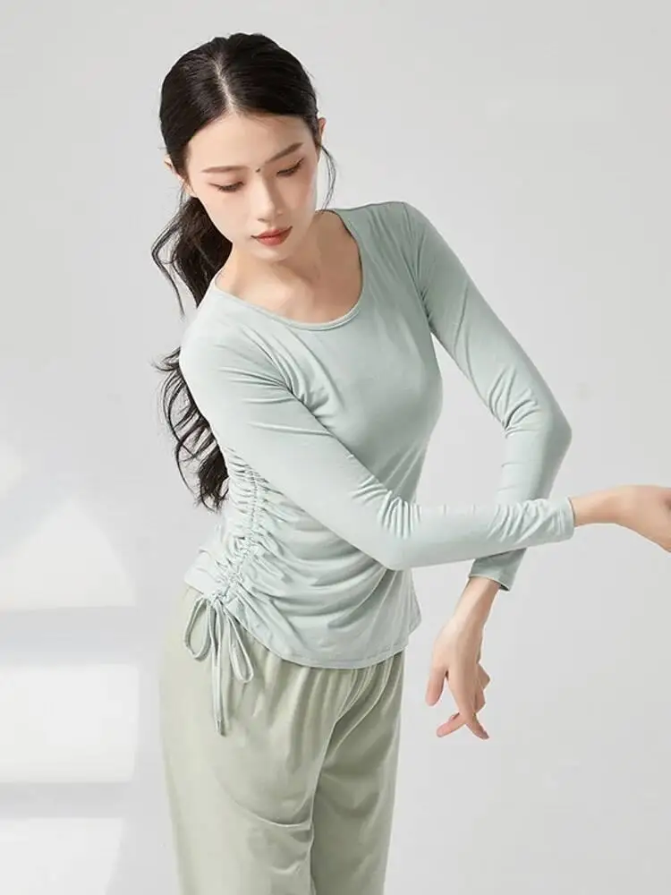 Atasan Dansa Hem Belahan Tali Serut Lengan Panjang Warna Solid untuk Wanita Kemeja Slim Fit Latihan Pertunjukan Panggung Kontemporer Modern