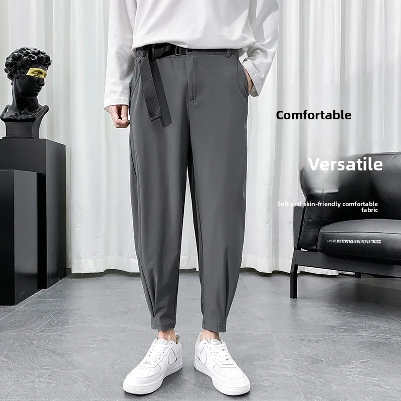 

Мужские повседневные брюки из ледяного шелка с застежкой-липучкой, тонкие, свободного кроя, летние, для отдыха, в стиле Харадзюку, укороченные (длиной 7/8)