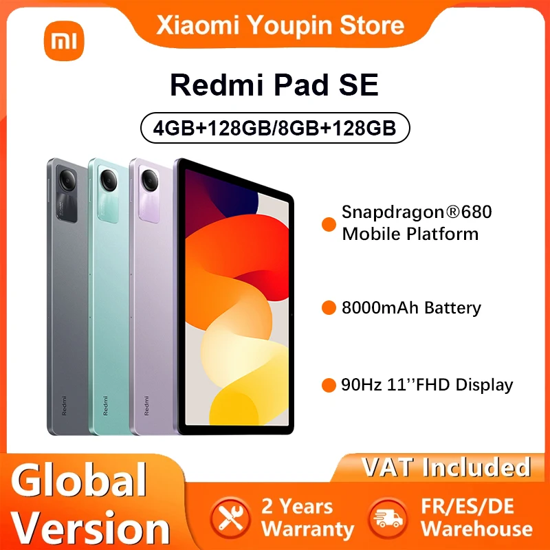 الإصدار العالمي لجهاز Xiaomi Redmi Pad SE مقاس 11 بوصة للكمبيوتر اللوحي Snapdragon ®   680 مكبرات صوت رباعية دولبي أتموس ®   شاشة 11 بوصة بطارية كبيرة 8000 مللي أمبير في الساعة