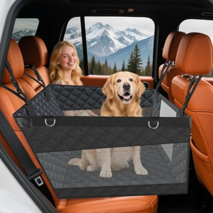 

Large PU Dog Car Seat - Waterproof Dog Back Seat Cover with 3 Mesh Windows - Hard Bottom Extender Safety Belt Non-Slip Hammock