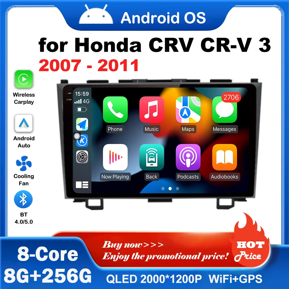 for Honda CRV CR-V 3 2007 - 2011 Android System Wireless Carplay Car Radio Multimedia Player WiFi Touch Screen 4G BT Head Unit