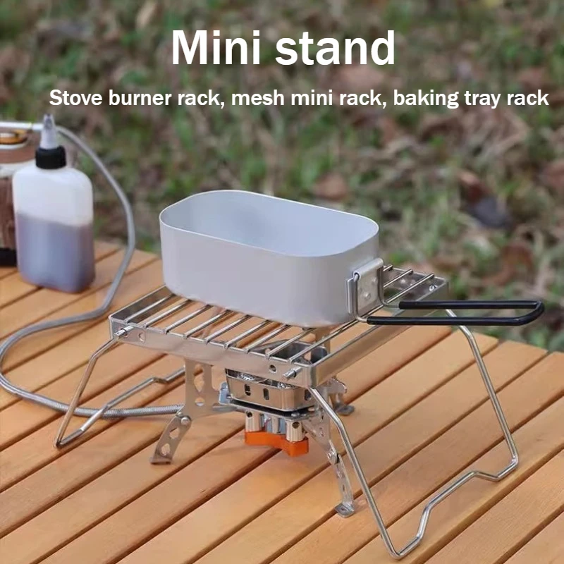 Outdoor small tabletop stainless steel stove rack, portable and foldable mini striped mesh grill, pot rack, sturdy and stable.