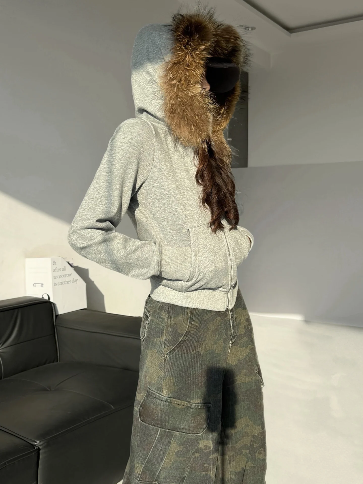 

Removable Fur Collar Hooded Open Cardigan Fce Women's Jaet Slim Fit American Hot Girl Sle Inner Zipper ort Length