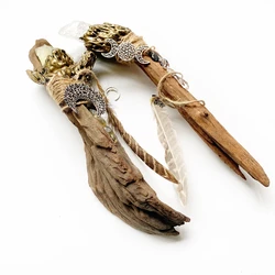 Raw Citrine Quartz Fairy Magic Wands Stick Irregular Rough Crystals Wood Scepter Moon Phase Feather Pendant Altar Wicca 1pc
