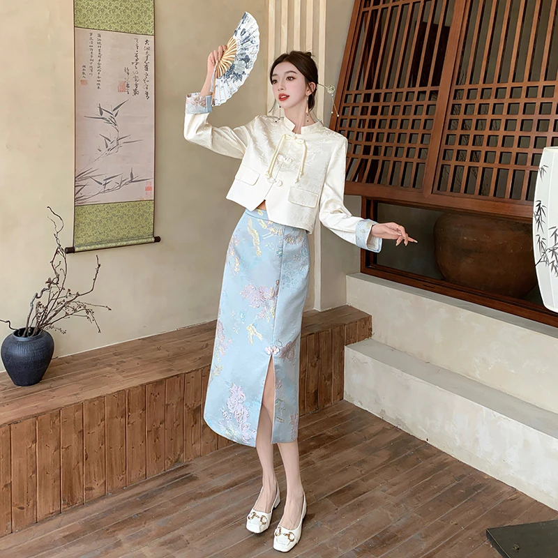 High Quality Chinese Style Autumn Office Ladies 2 Piece Set Elegant Women Chic Bow Buttons Crop Tops+Jacquard Pencil Skirt Suits