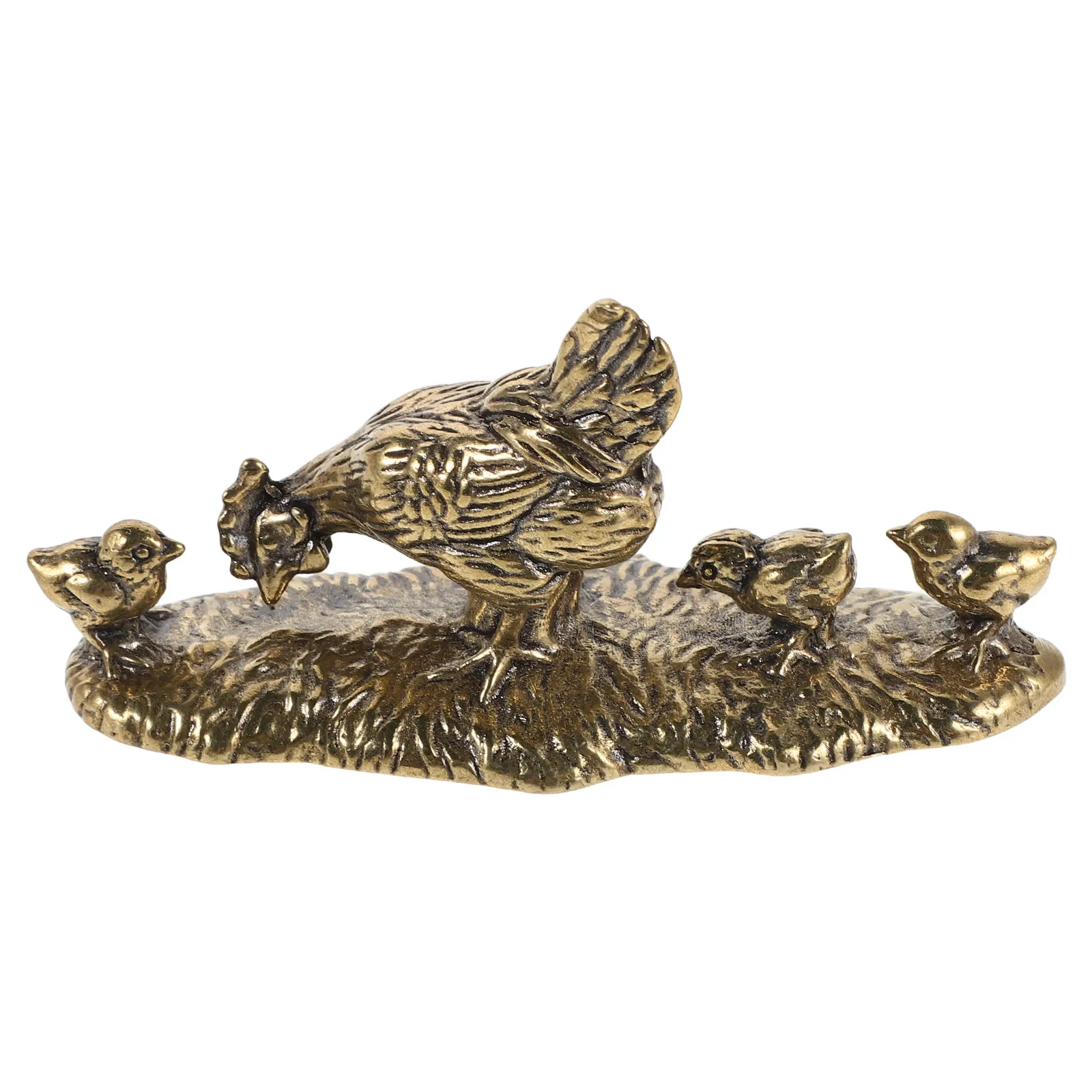 Brass Hen and Chicks Statue – Rustic Farm Animal Sculpture for Home, Garden, Desk & Feng Shui Decor