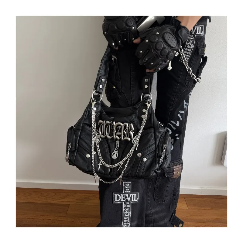 Punk Style Chain Armpit Bag Black Rivet Locomotive Bags Spice Girl Unique Design Versatile Messengers for Women's Shoulder Bag