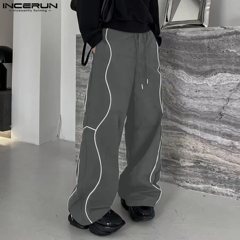 Incerun 2024 estilo coreano calças elegantes homens brilhantes emenda design elástico na cintura calça lazer clity caminhada perna larga pantalons