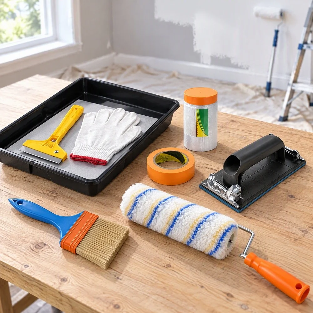 Professional 9 Piece Painting Set with Roller Brush Tray Masking Film Scraper Sandpaper Holder and Work Gloves
