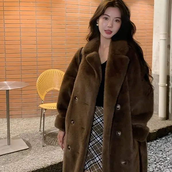 2024 inverno nuove donne cappotto in pelliccia sintetica colletto con risvolto di lusso manica lunga doppio petto una linea cappotti lunghi giacca abbigliamento femminile