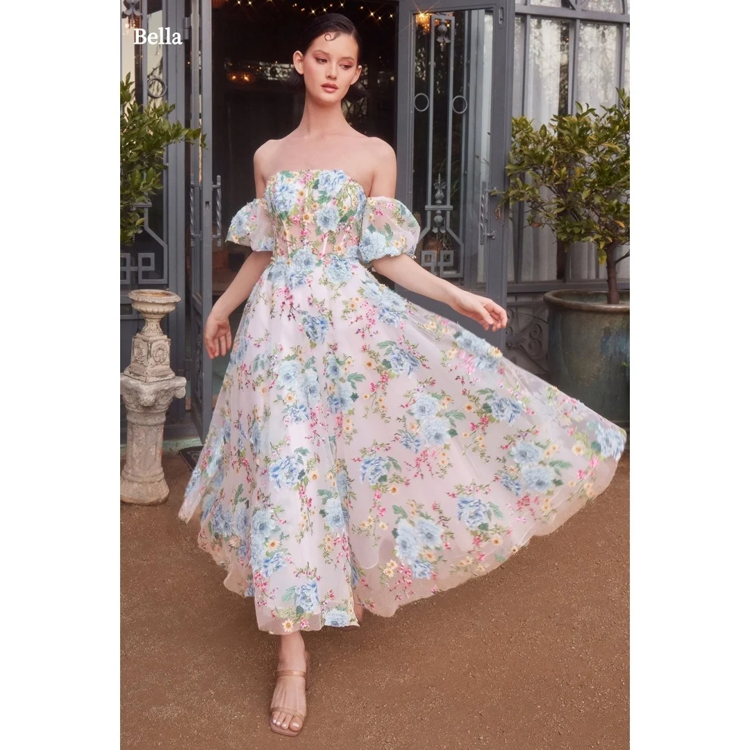 

Bella Customized Blush Pink Floral Print Off Shoulder Prom Dress Puff Short Sleeve A-Line Tea Length robes de soirée Elegant