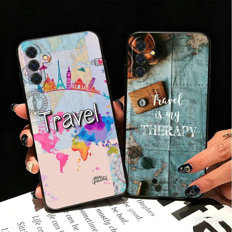 Travel Map Artistic Pattern Silicone Phone Case for Samsung A17 A16 A15 A14 A13 A57 A56 A55 A54 A53 A37 A36 A35 A34 A33 A27 A26