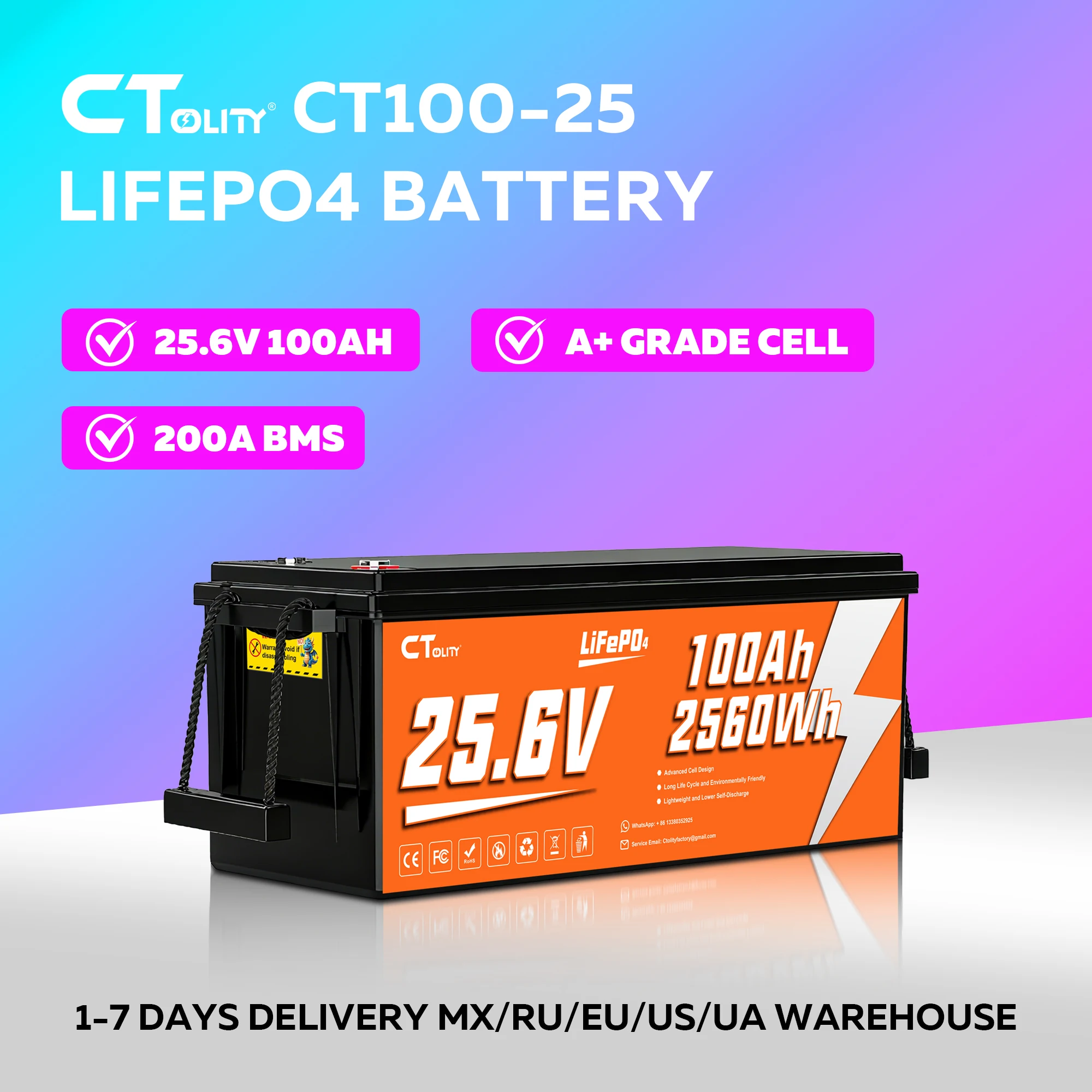 

CTOLITY CT100-25 25.6V 100Ah 2560Wh Max 2560W LiFePO4 Battery Built-in 100A BMS A Grade Cells 4000+ Cycle Solar Generater RV
