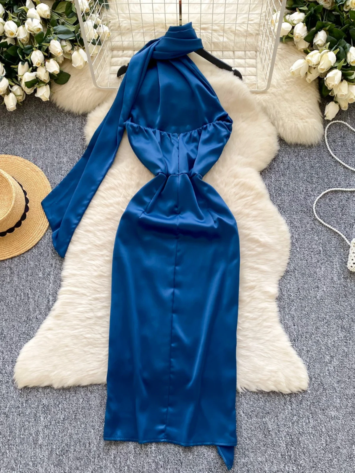 Ele Ekskluzywna Damska Sukienka Dr Sa Wisząca Ne Svel Wyszczuplająca Talia Plisowana Rozcięcie Satynowa Linia A Midi Dr