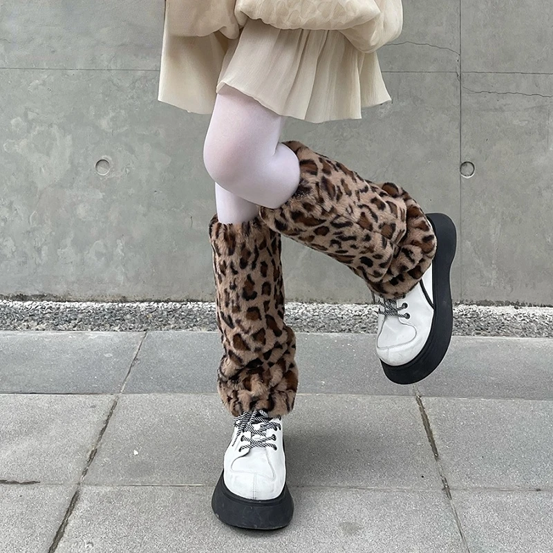 Plush leopard pattern Leg Warmers warm autumn and winter Plush thickening Millennium Y2K Harajuku leg Warmer woman Gothic