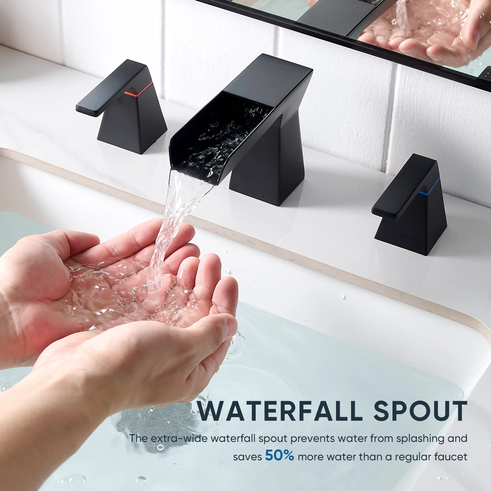 

Black Bathroom Faucet 3 Holes Two Handles Lavatory Vanity Sink Faucet Widespread Basin Sink Waterfall LED Faucet 855123