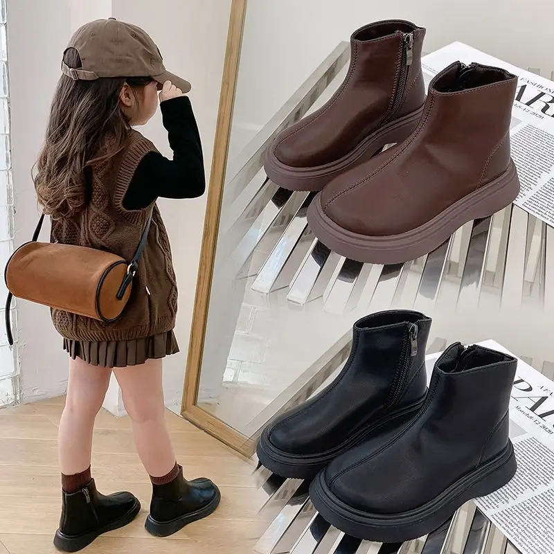 Classic Children's Black Boots Simple Thick Bottom Autumn Boots for Girls Matte PU Leather Kids Fashion Ankle Boots Round-toe