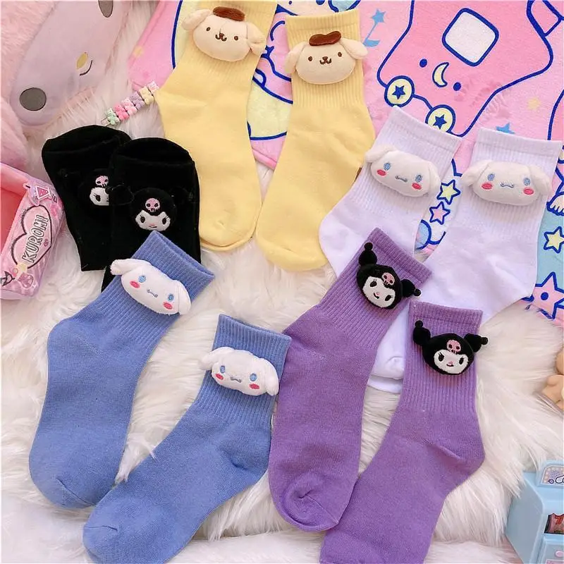 

New Sanrio Women's Mid-calf Cotton Socks Cartoon Animation Kawaii 3D Doll Kurumi My Melody Cinnamon Roll Pacha Cute Girl Gift