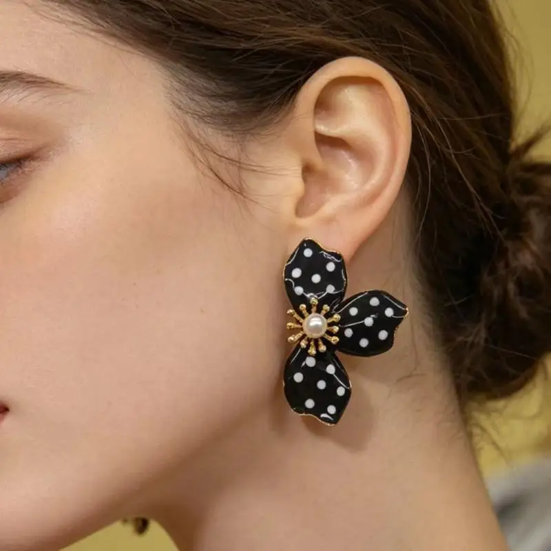 Orange Polka Dot Flower Stud Earrings Faux Pearl Center Gold Edged Design For Daily Wear Vacations Parties