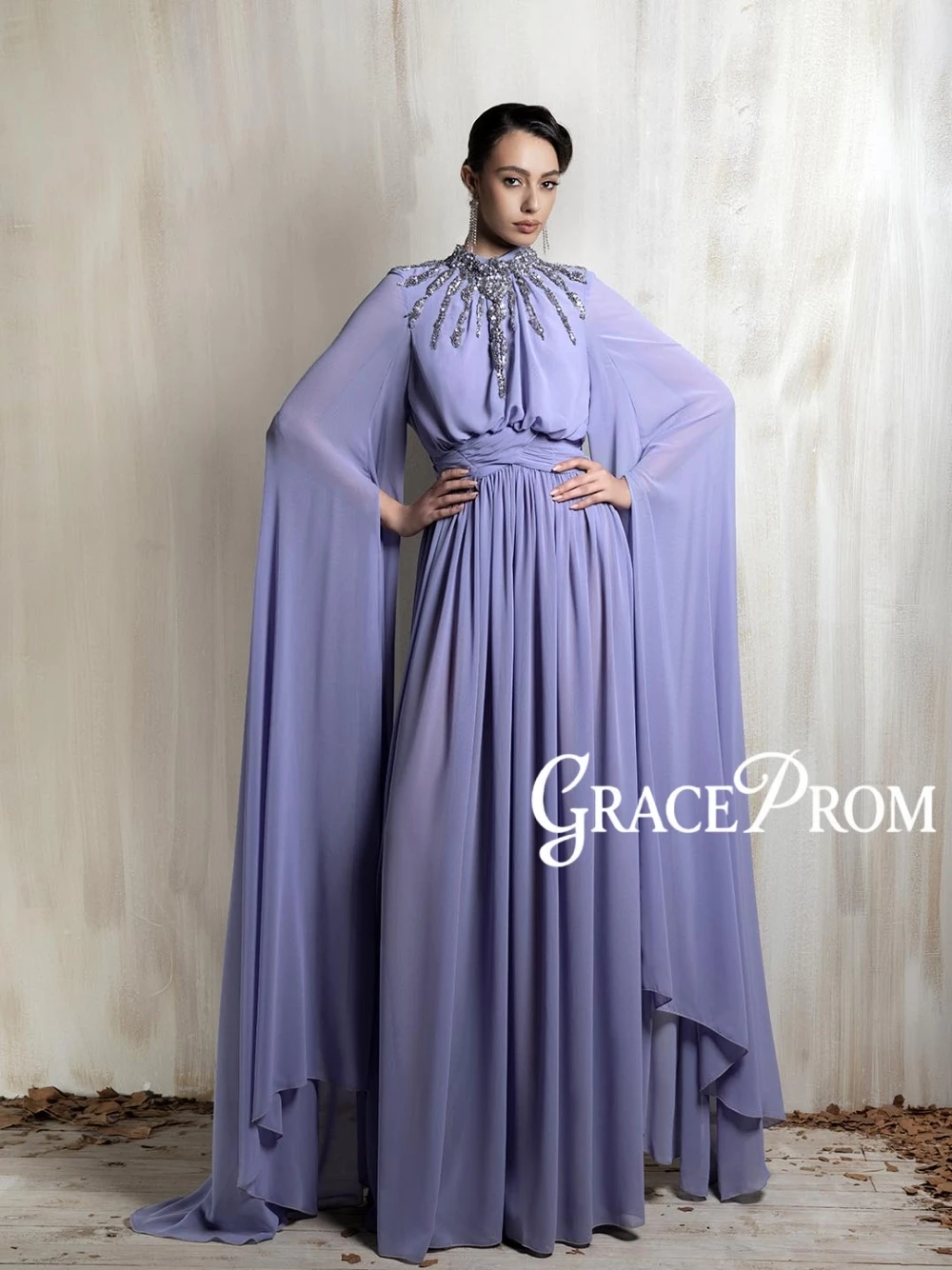 Women Formal Wear Dubai - GRACEPROM 流れるようなシフォン控えめなイブニングドレスイスラム教徒ドバイハイネックビーズプロムドレスカスタマイズされたパーティー A ライン女性着用