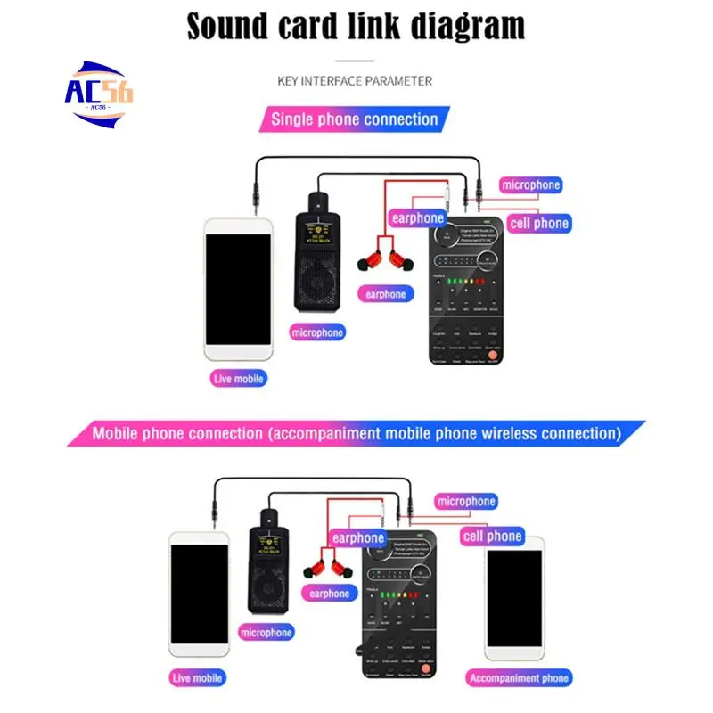 

AC56- Voice Changer Live Sound Card 12 Electric Tones Microphone Live Broadcast Sound Card For Mobilephone Computer PC