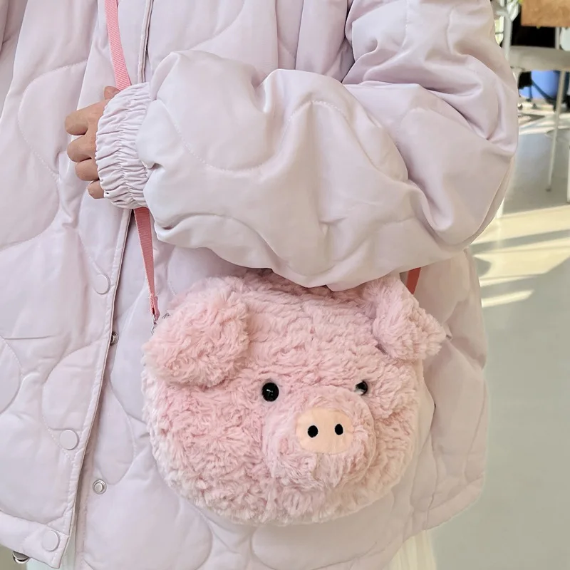 New Cute Pink Sweet Piggy Head Plush Stuffed Shoulder Bag Creative Soft Animal Plush Crossbody Bag For Girls Birthday Gifts