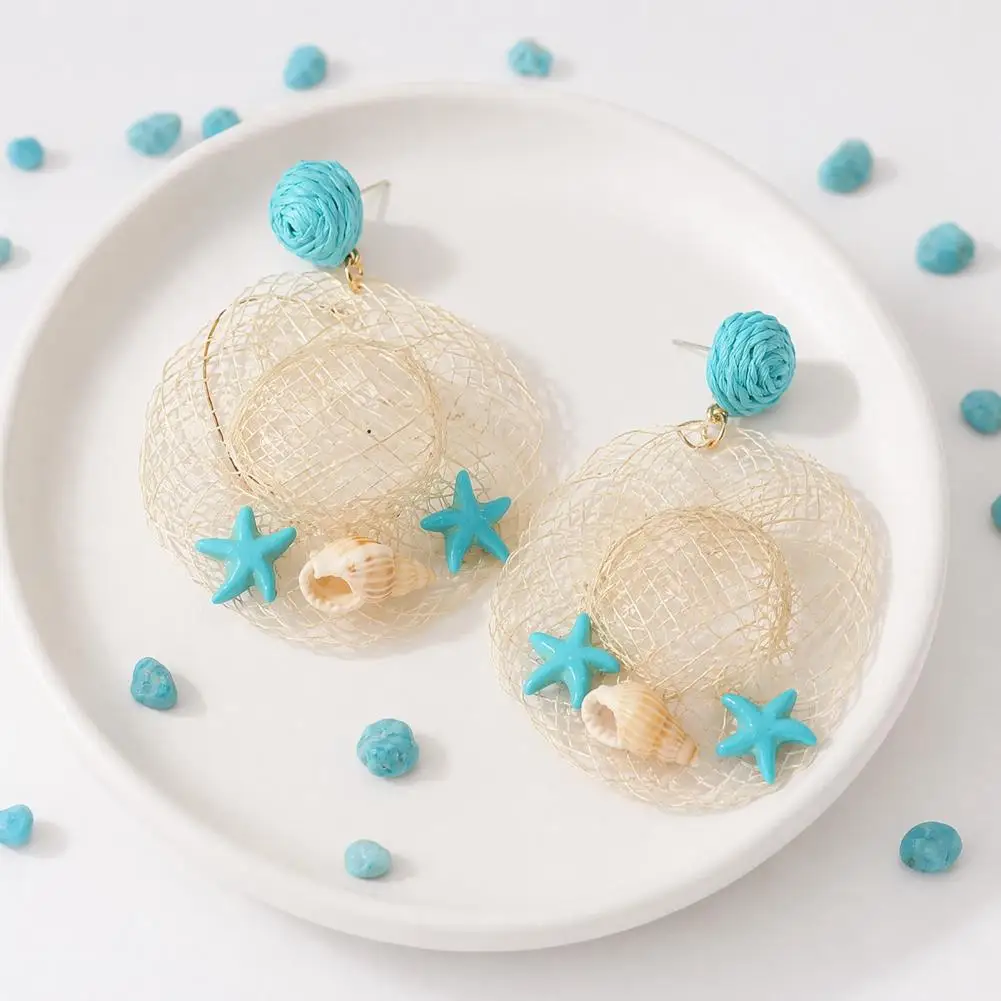 Straw Hat Style Earrings Lightweight Raffia Earrings Boho Raffia Statement Earrings Woven Straw Starfish Dangle for Women