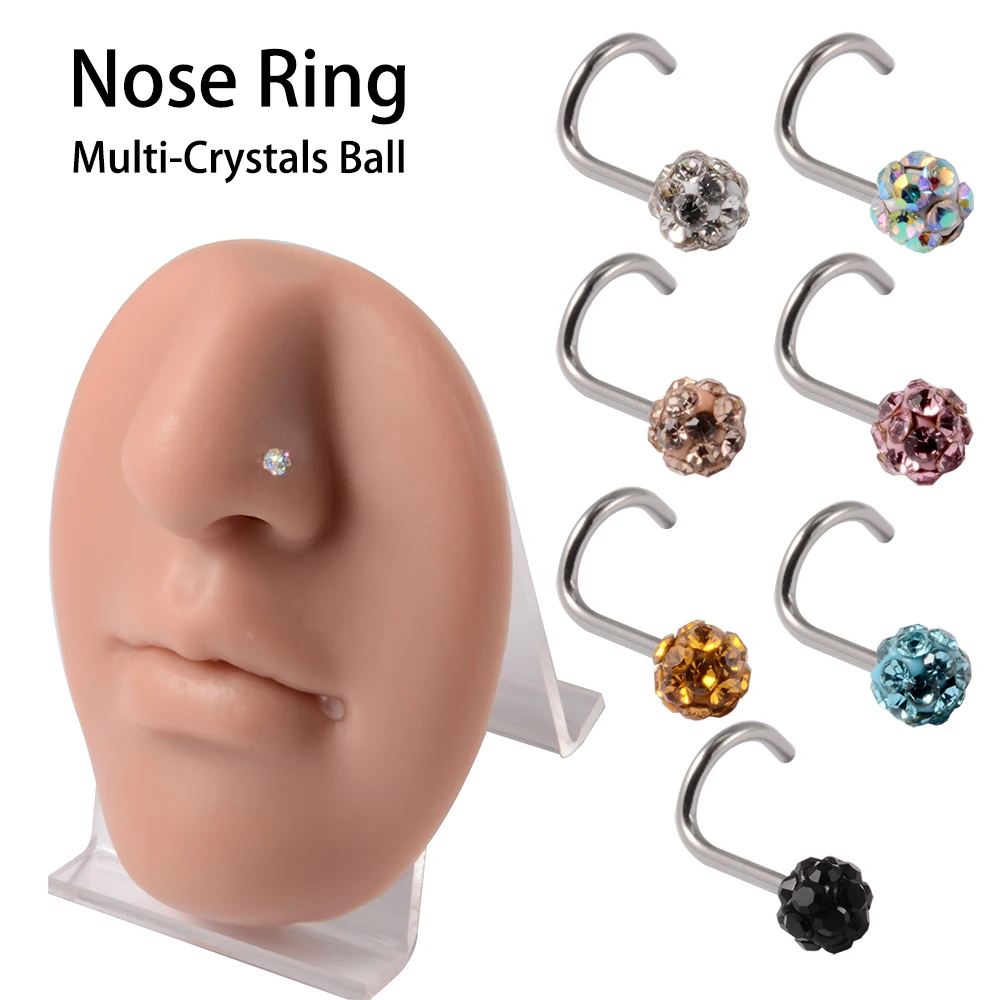 1Pc  3mm Multi Crystal Ball Nose Ring Piercing L Shape Nose Screw Retainer Cute Nose Bone Body Jewelry