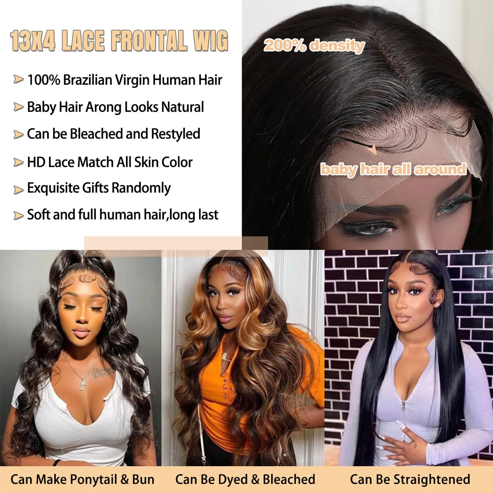 42 بوصة الجسم موجة الدانتيل الجبهة الباروكات شعر الإنسان 250% الكثافة غلويليس البرازيلي شعر بشري لعذراء شعر مستعار للنساء قبل قطعها