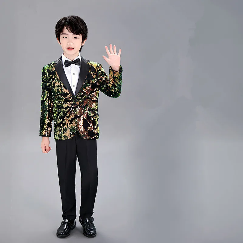 

Children's Shining Sequins Stage Show Photography Suit Boys Performance Costume Kids Piano Wedding Birthday Tuxedo Dress