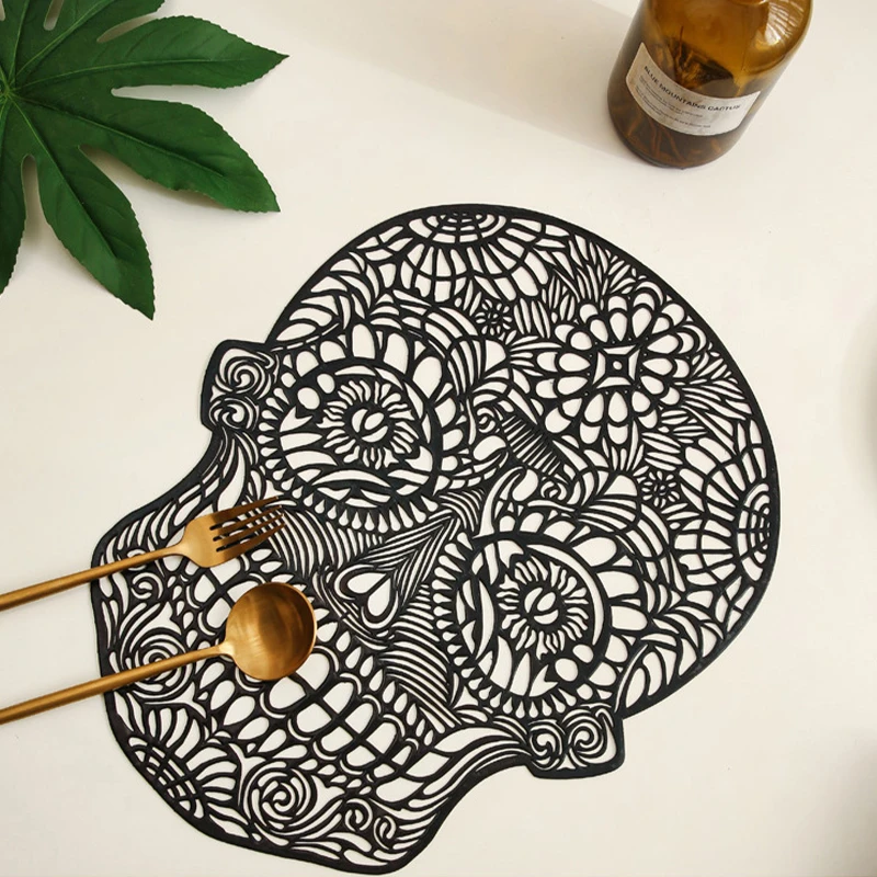 Skull Head Placemat Hollow PVC Halloween Dining Table Decor Mat Personalized Creative Trend Meal Mat Anti Slip Cup Pad Coaster