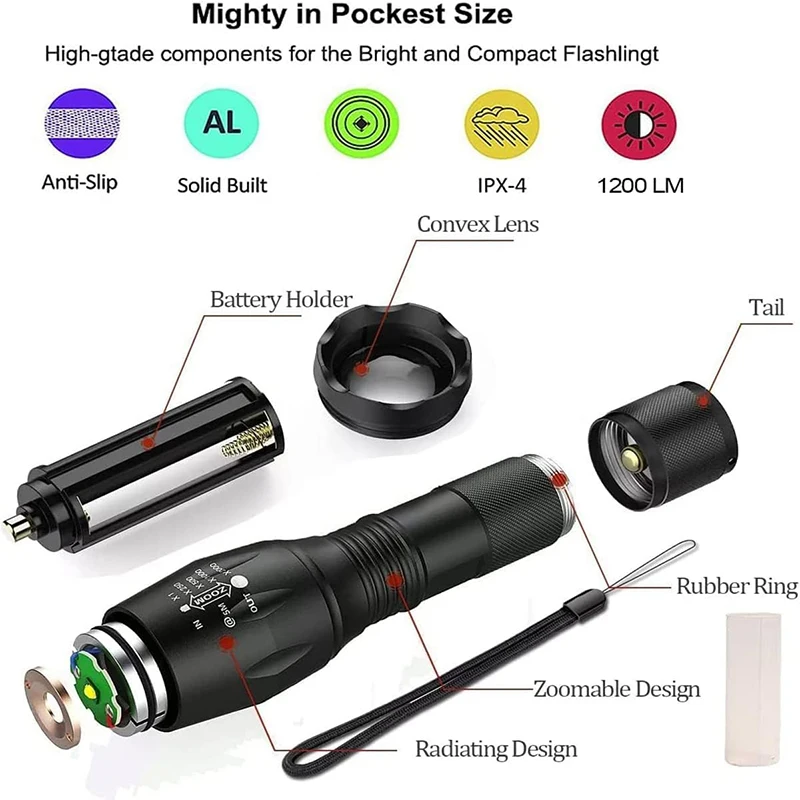 Super Bright L-2 LED Flashlight Portable Outdoor Water Resistant Torch Aluminium Alloy 5 Modes Flashlights for Camping Fishing