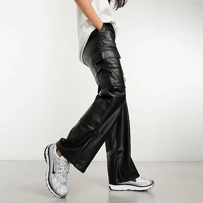 Women Black Matte Faux Leather Cargo Pants With Pocket Ladies Fashion PU Leather Loose Casual Straight Trousers New Hot Custom