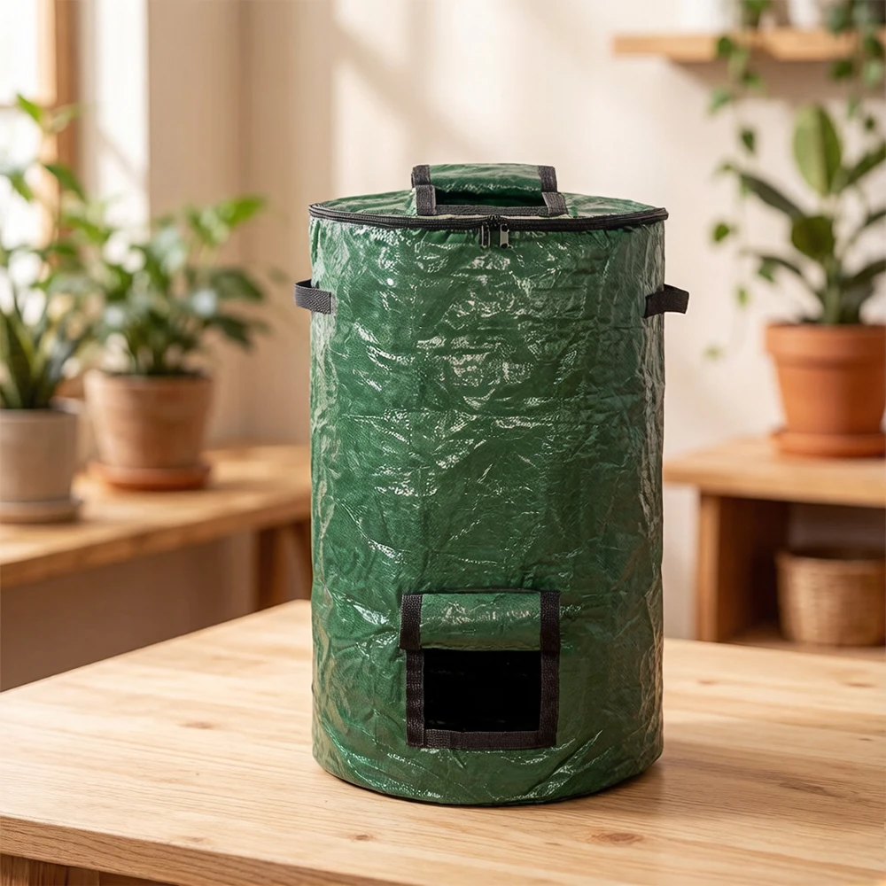 Composteira de Jardim 35*60cm Ecológica com Zíper e Alças Duplas, Saco de Biofermentação Dobrável, Balde de Resíduos
