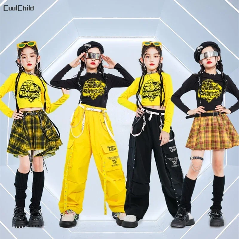 Hip Hop Kids Cool Crop Top K-pop Street Dance Cargo Pants Plaid Skirts Girls Streetwear Children Yellow Jazz Costume Clothes Set