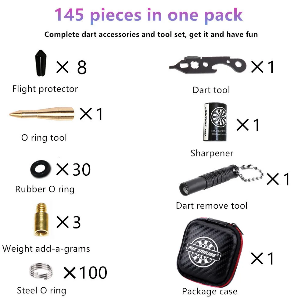 FOX SMILING 145 Pieces Dart Accessories Set with Steel Rubber O Ring, Stone Sharpener Dart Repair Tool Dart Flight Protector