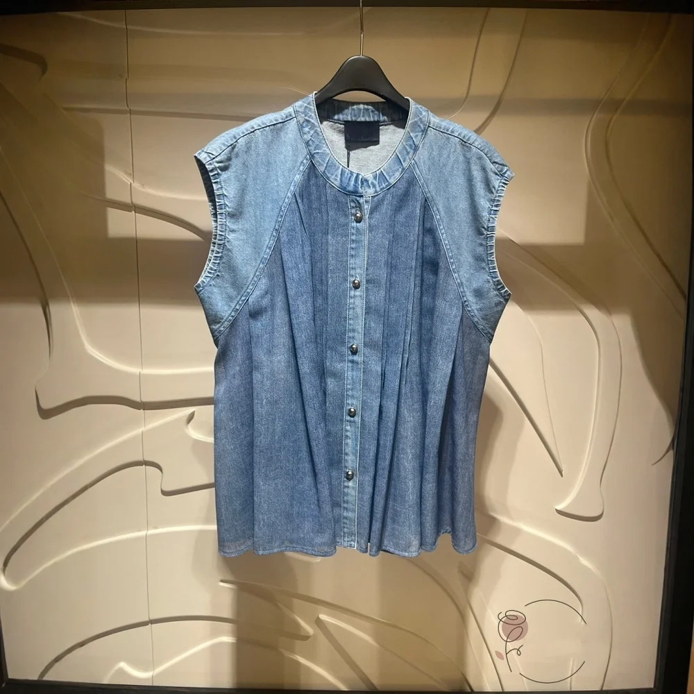 

Летняя джинсовая майка Ele Me Splice Svel irt, корейский Sle, универсальный, оригинальный дизайн, свободный крой, круглый, на пуговицах...