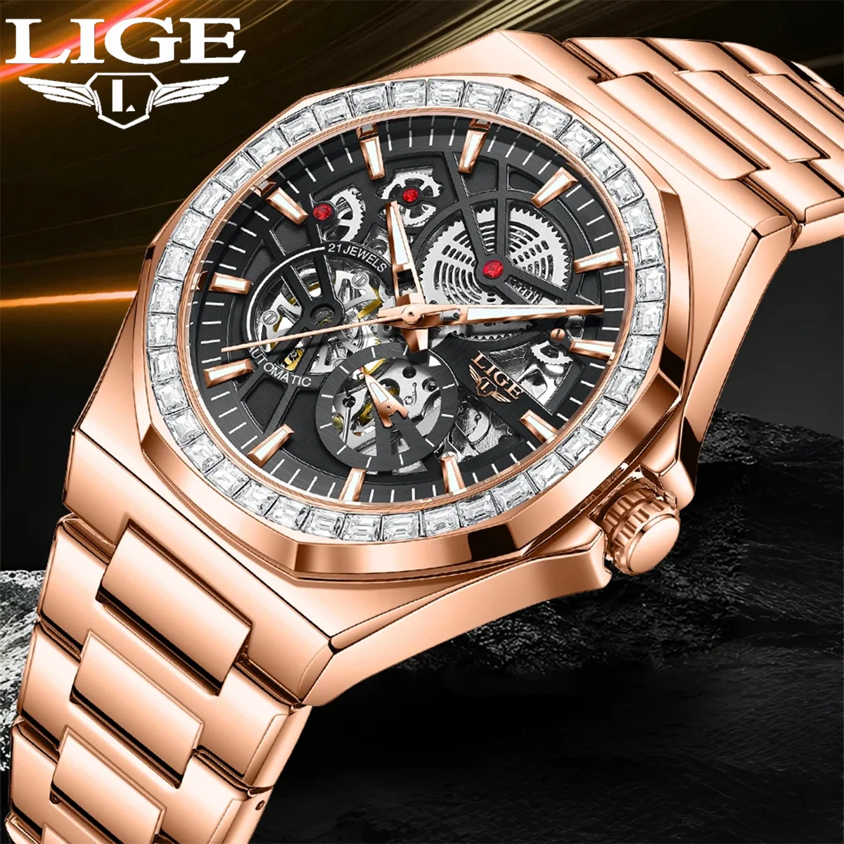 

Новые роскошные мужские часы LIGE, восьмиугольные мужские часы с автоматическим механизмом, механические мужские наручные часы из нержавеющей стали со скелетом