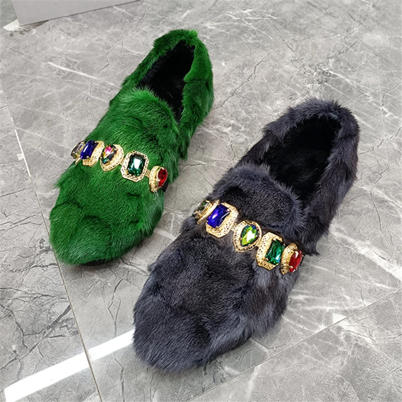 

Женские зимние теплые лоферы на плоской подошве со стразами, плюшевые эспадрильи из натурального меха норки, женская обувь для вождения, мокасины на платформе