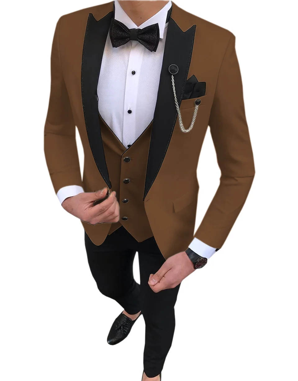 Burgundy Men's Suit Black Lapel One Button Suit Business Wedding Tuxedo Prom Party Casual Suit 3 Piece Blazer + Vest + Pants