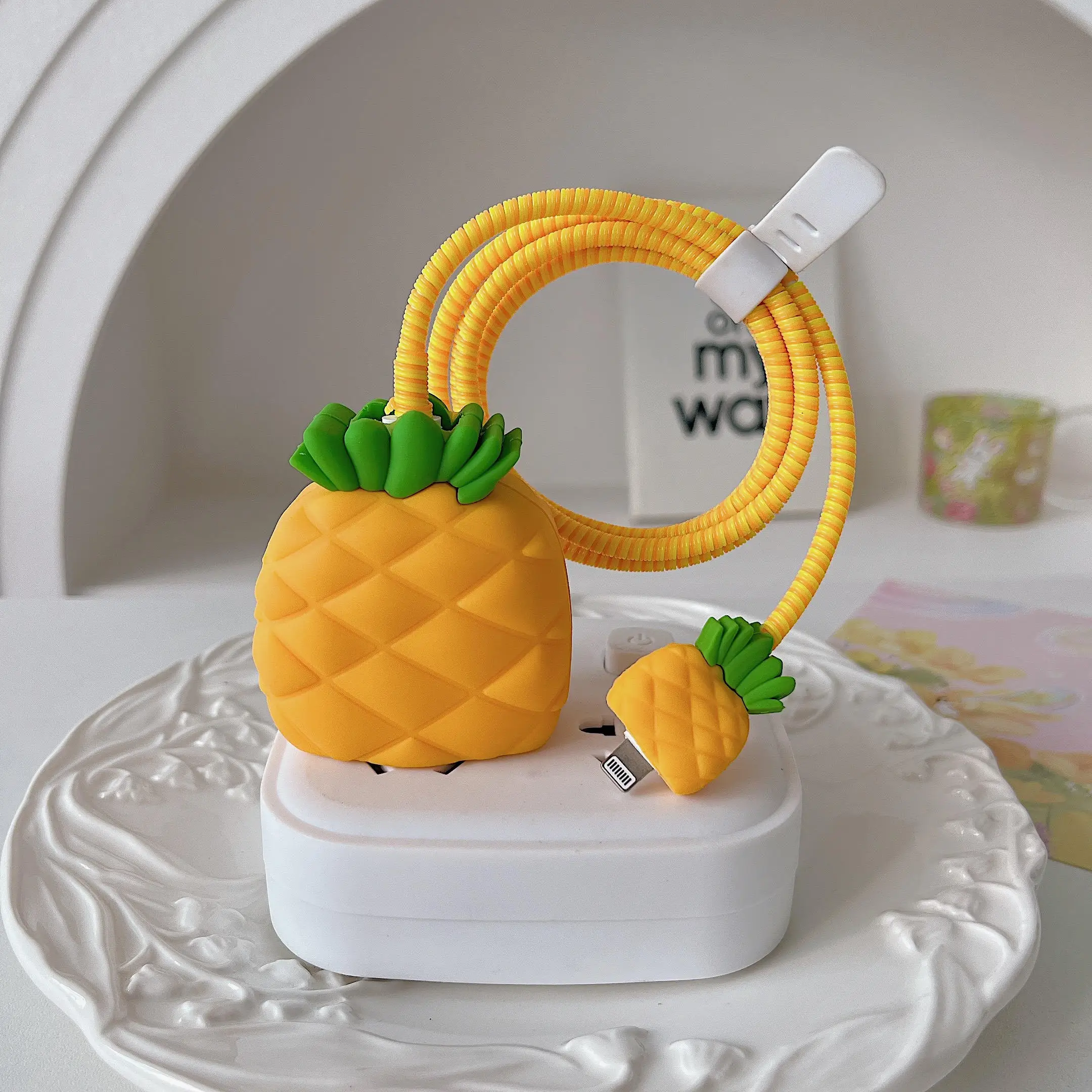 Cute Pineapple 3D Stereoscopic Silicone Shockproof Charger USB Cable Protector Data Line Cord Protective Case For iPhone 18W/20W