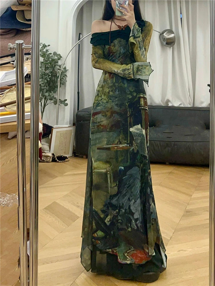 Vintage Printing Patchwork Vestidos Women Slim Waist Tunic Flare Sleeve Grunge Dresses 2024 Autumn Y2k Aesthetic Green Dress